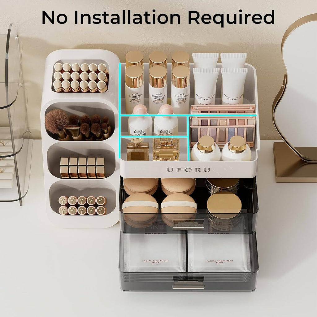 UFORU Makeup Organizer for Vanity with Brush Holder, Large Capacity Bathroom Countertop Skincare Organizer with 2 Drawers, Cosmetic Display Case for Perfumes, Eyeshadow Palettes, Nail Polishes