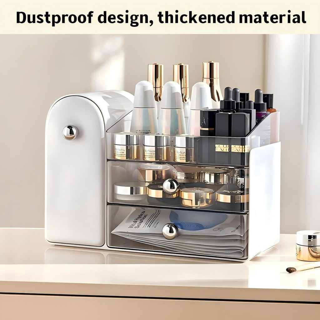 Makeup Organizer for Vanity with Covered Brush Holder，Bathroom Organizers with Drawer，Skin Care Organizer，Makeup Organizers for Vanity with Drawer，Large Makeup Storage for Dresser, White