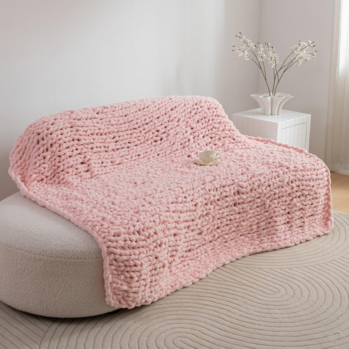 Chunky Knit Blanket Throw 51"×63" Knitted Throw Blankets for Couch Bed Fluffy Soft Blanket with Jumbo Chenille Yarn Thick 100% Handmade(Pink)