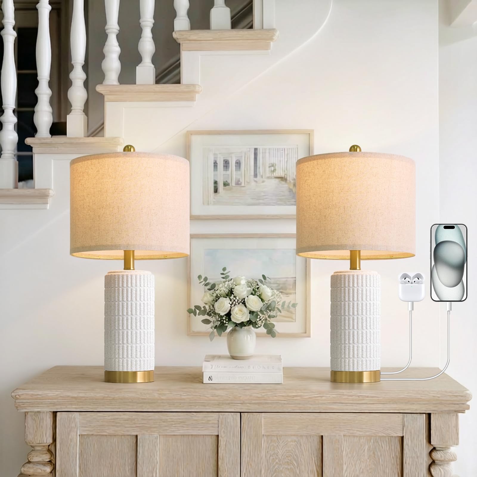 PoKat 20.75" Small Modern Ceramic Table Lamps Set of 2 for Bedroom, White Bedside Lamps for Night Stands, Farmhouse Desk Decor Gift Nightstand Table Lamps for Living Room End Table Beige