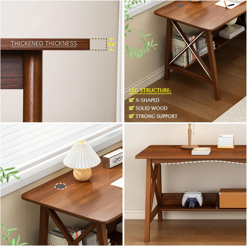 NELYE Extra Long Desk with Bookshelf - Wooden Home Office Work Study Table, Writing Computer Workstation with Storage Shelf in Walnut, 55" Wx20 Dx30 H