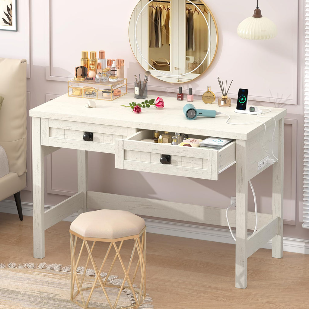 YOMILUVE Farmhouse Computer Desk with 2 Drawers, 39 Inch Small Office Computer Desk with Power Outlets, Compact Writing Study Desk for Small Spaces, Antique White