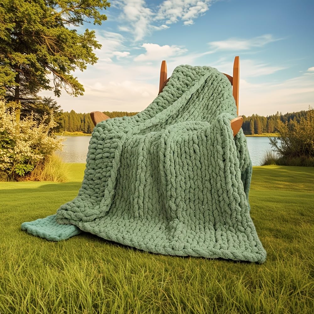 ATMOSURELY Ultra Soft Sage Green Chunky Knit Throw Blanket Cozy Fluffy Chenille Yarn Handmade Cable Knit Crochet Blanket for Bed Sofa Couch 50x60 Inches (Sage Green, 50"x60")