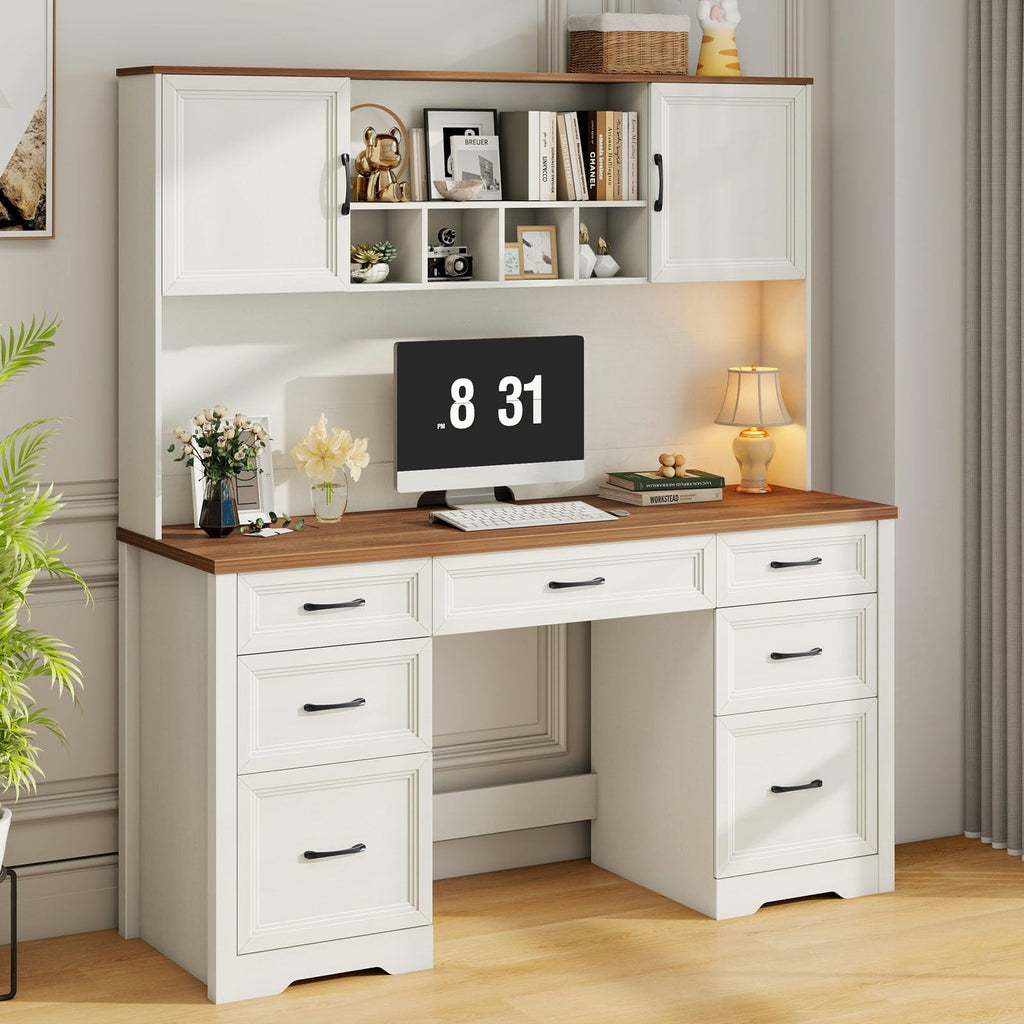 Vabches Farmhouse Executive Desk with Storage and Ample File Drawer, Rustic Large Home Writing Desk for Bedroom, White