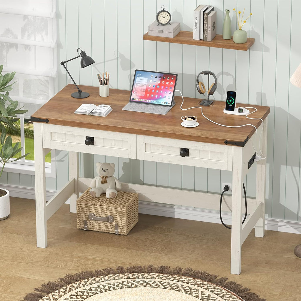 YOMILUVE Farmhouse Computer Desk with 2 Drawers, 39 Inch Small Office Computer Desk with Power Outlets, Compact Writing Study Desk for Small Spaces, Antique White