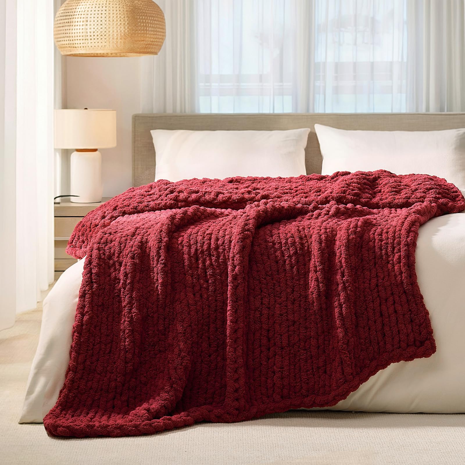 L'AGRATY Chunky Knit Blanket - Soft Chunky Throw 60x80 inches: 100% Hand Kintted Chenile Crochet Throw for Couch - Large Cable Knit Blanket for Home Decor (Ivory)