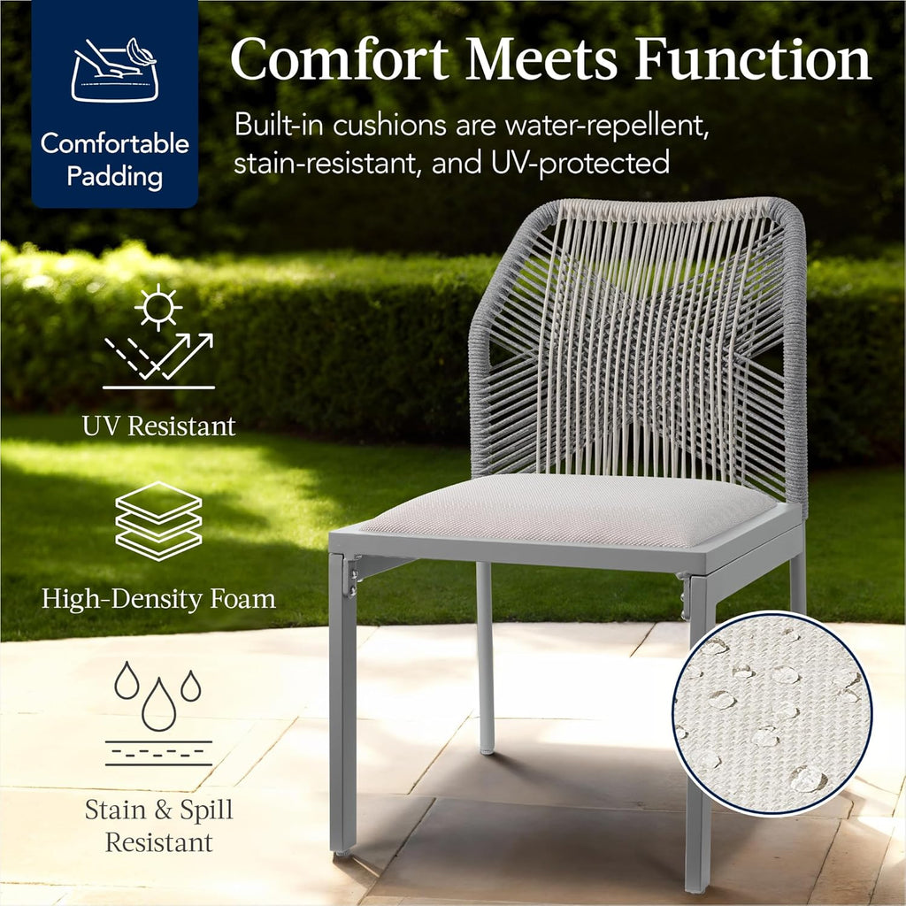 Best Choice Products Set of 2 Indoor/Outdoor Modern Dining Kitchen Chairs, All-Weather Rope Woven Design, Padded Cushions, Aluminum Frame for Dining Room, Living Room - Gray/Meteor