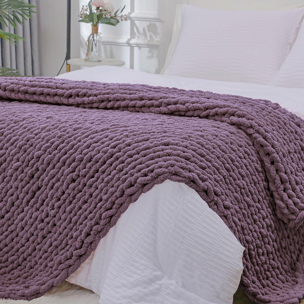 40×60" Beige Hand Knit Jumbo Chenille Chunky Knit Throw Blanket for Sofa & Bed