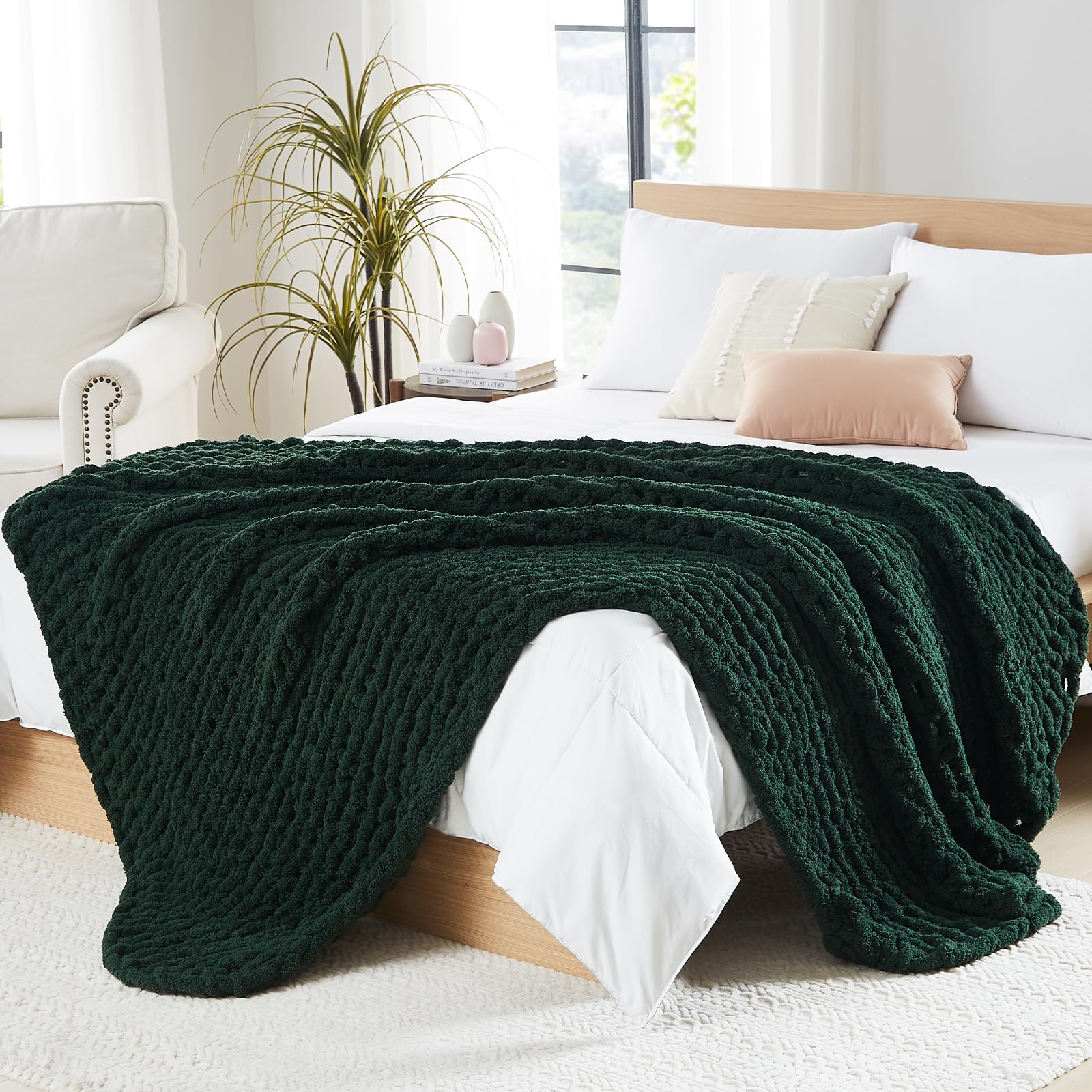 L'AGRATY Chunky Knit Blanket - Soft Chunky Throw 60x80 inches: 100% Hand Kintted Chenile Crochet Throw for Couch - Large Cable Knit Blanket for Home Decor (Ivory)