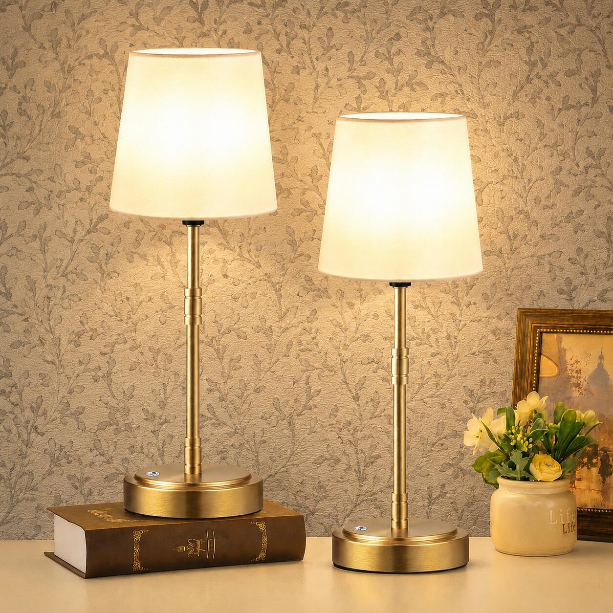 Cordless Table Lamps Set of 2 – Battery Operated Lamp with 7500mAh Rechargeable Battery, Stepless Dimmable Vintage Brushed Gold Desk Wireless Lamps for Dining Room, Nightstand & Patio (Bulbs Included)