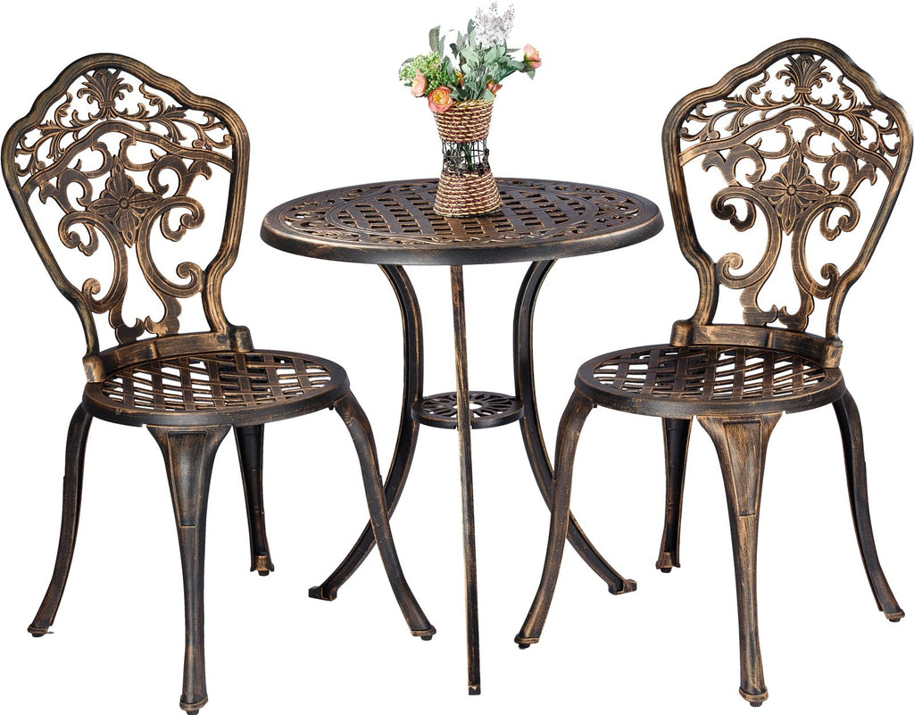 Bistro Set 3 Piece Cast Aluminum Patio Furniture Sets 2 Chairs and 1 Round Table with Umbrella Hole for Outdoor, Patio Balcony, Bronze