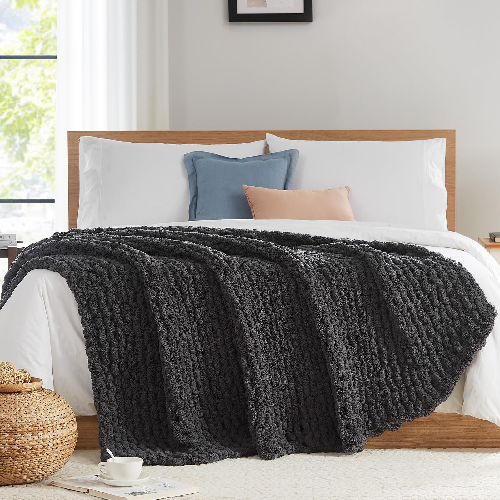 L'AGRATY Chunky Knit Blanket Throw,Soft Chenille Yarn Throw Blanket 50x60，Handmade Cable Knit Crochet Blanket,Large Knit Blankets Chunky Yarn,Rope Knot Throw Blanket for Couch Sofa Bed Home Decor