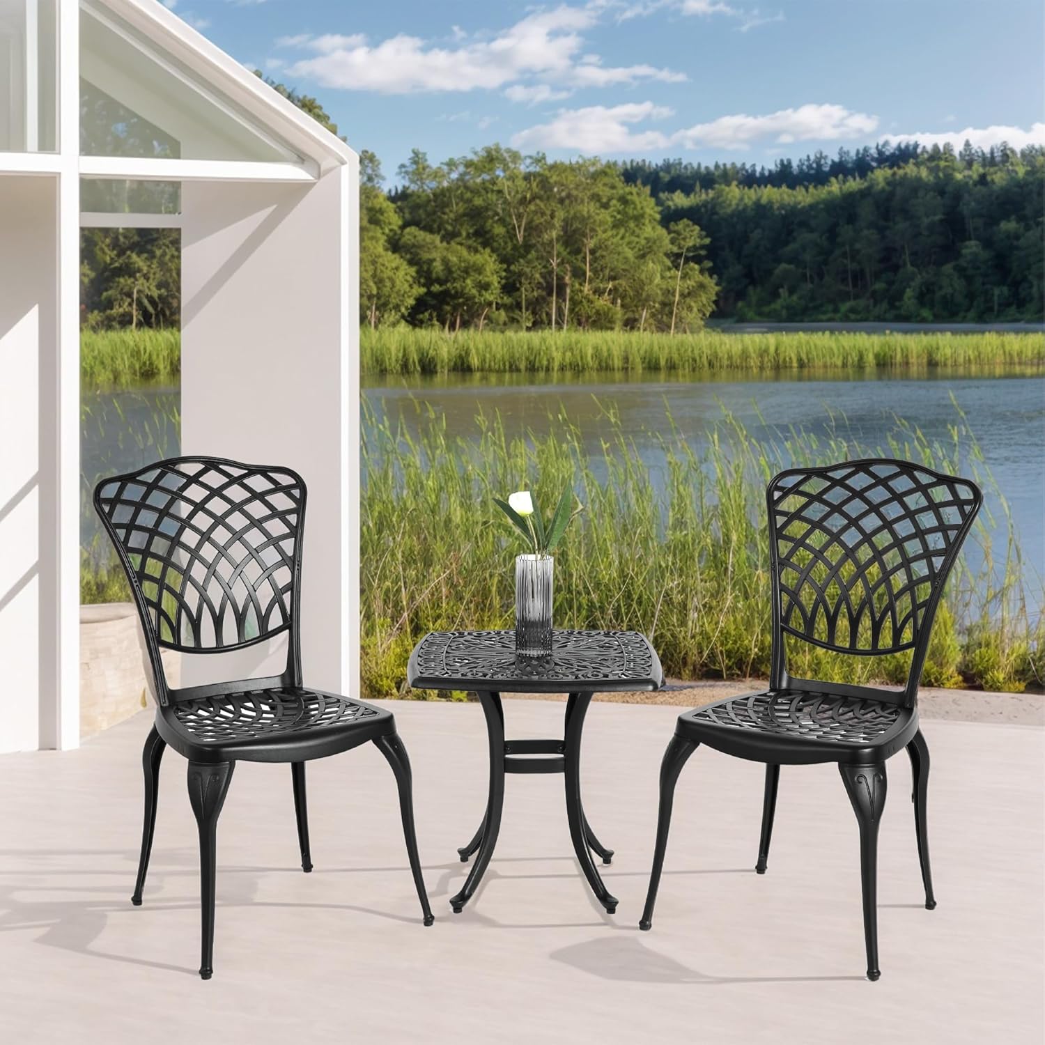 Black 3-Piece Rustproof Cast Aluminum Patio Bistro Set with Round Table & 2 Chairs