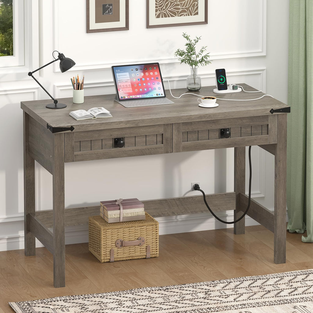 YOMILUVE Farmhouse Computer Desk with 2 Drawers, 39 Inch Small Office Computer Desk with Power Outlets, Compact Writing Study Desk for Small Spaces, Antique White