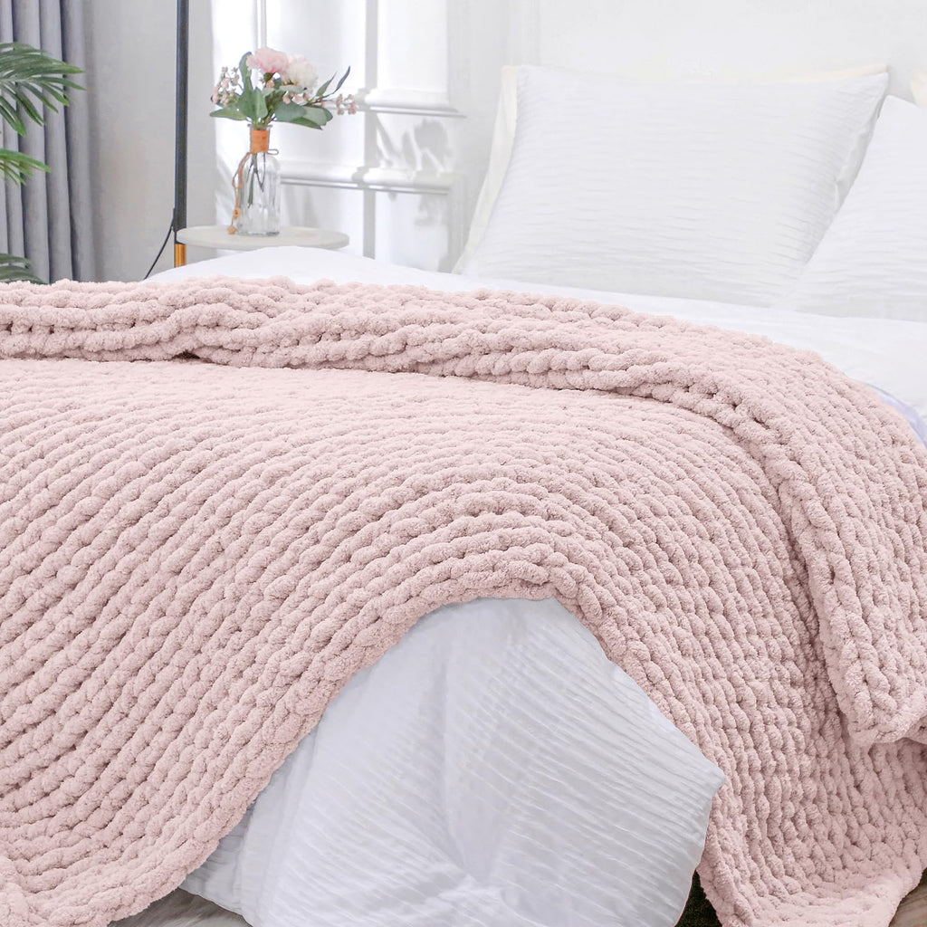 40×60" Beige Hand Knit Jumbo Chenille Chunky Knit Throw Blanket for Sofa & Bed