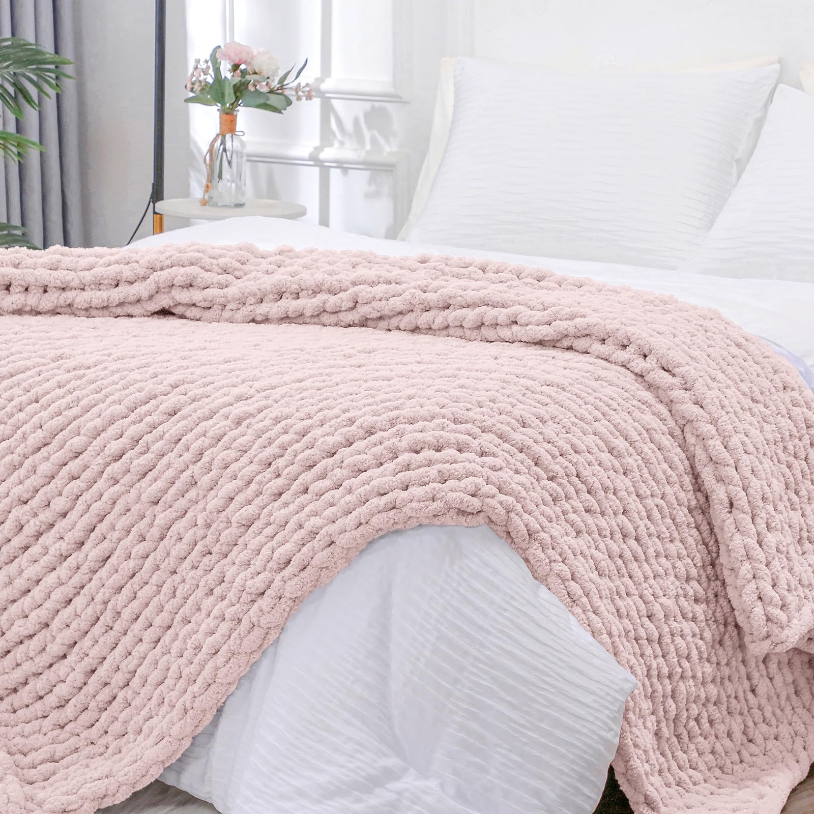 40×60" Beige Hand Knit Jumbo Chenille Chunky Knit Throw Blanket for Sofa & Bed