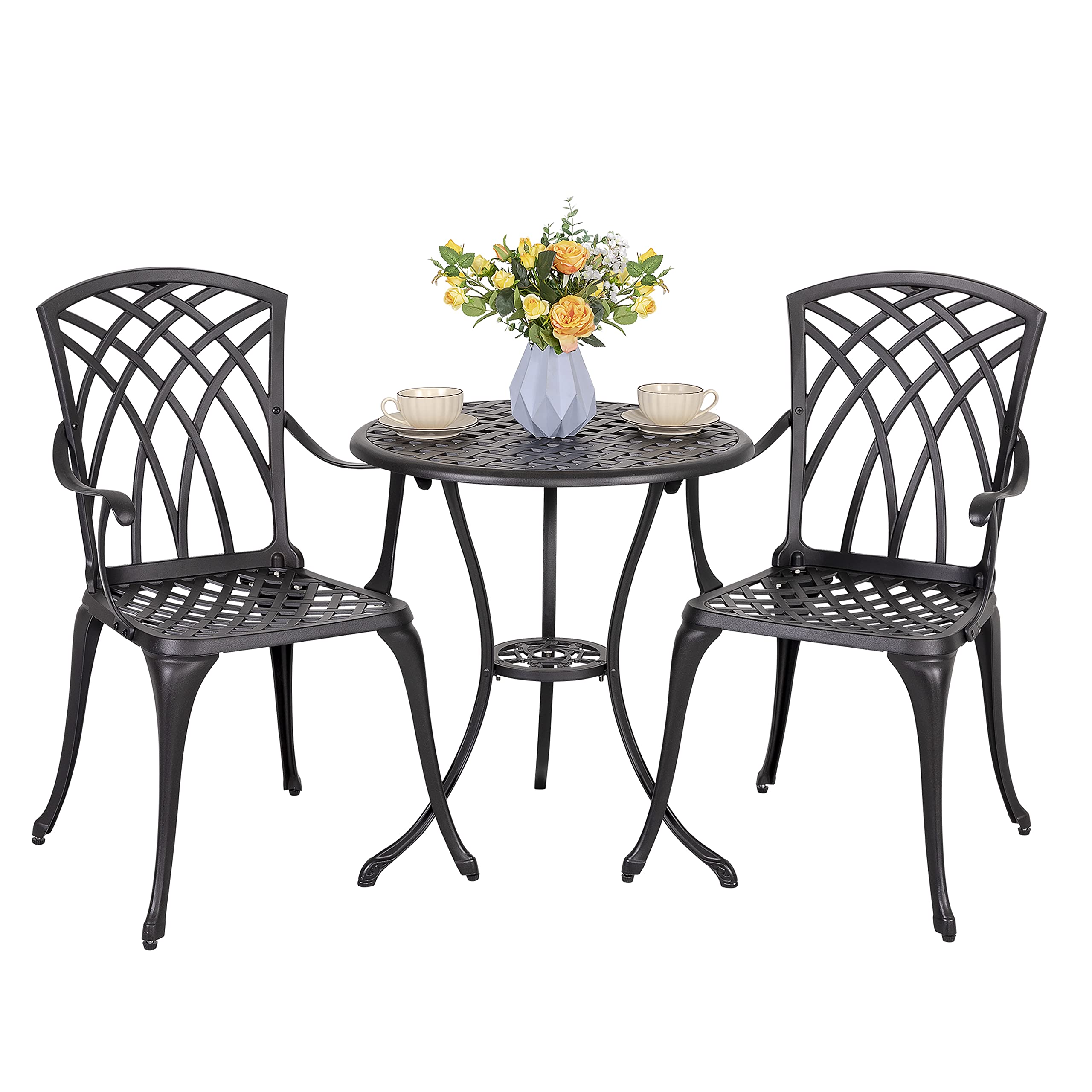 NUU GARDEN Bistro Set 3 Piece Outdoor Cast Aluminum Patio Bistro Set Patio Table and Chairs Set of 2 with Umbrella Hole and Gray Cushions, Black