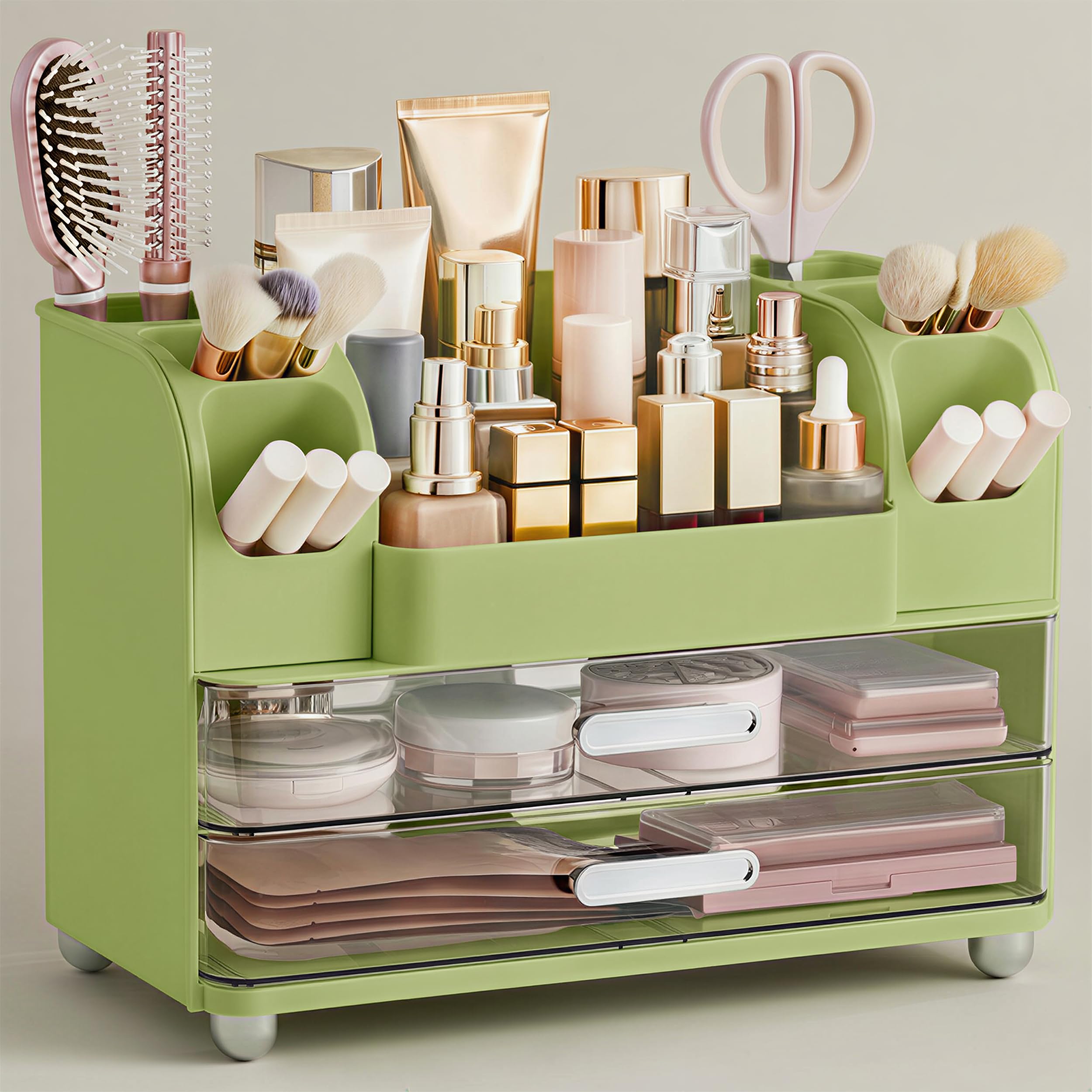 White Large Vanity Cosmetic Organizer with Brush Holder for Skincare & Makeup Storage