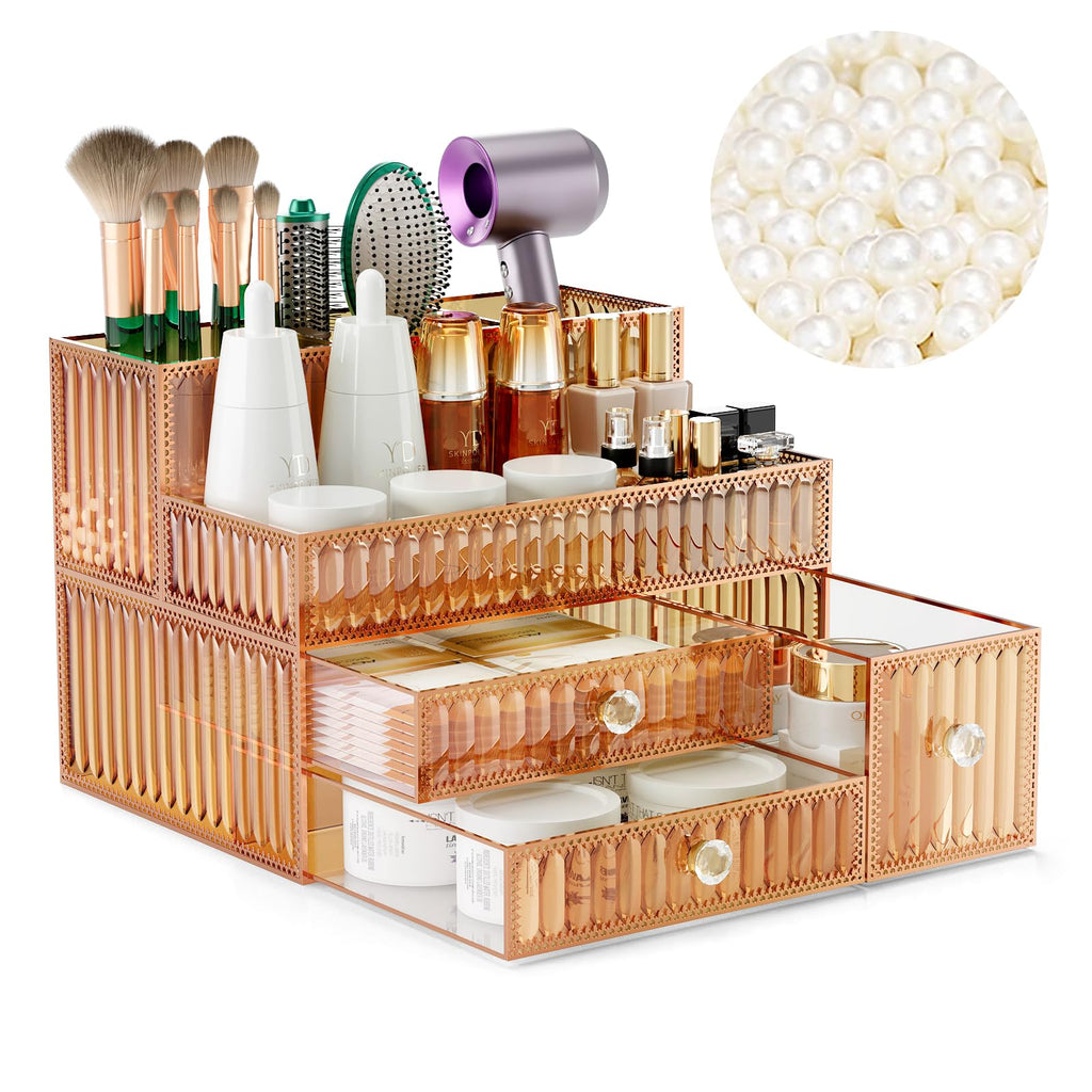 Youdepot Makeup Organizer Blue - Tempered Glass Vanity Organizer for Cosmetics, Skincare, Hair Tools, Brushes, Perfume - Multipurpose Bathroom Counter Skincare Organizer