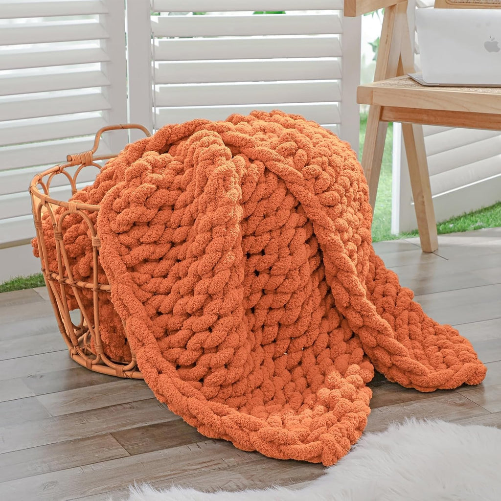 40×60" Beige Hand Knit Jumbo Chenille Chunky Knit Throw Blanket for Sofa & Bed