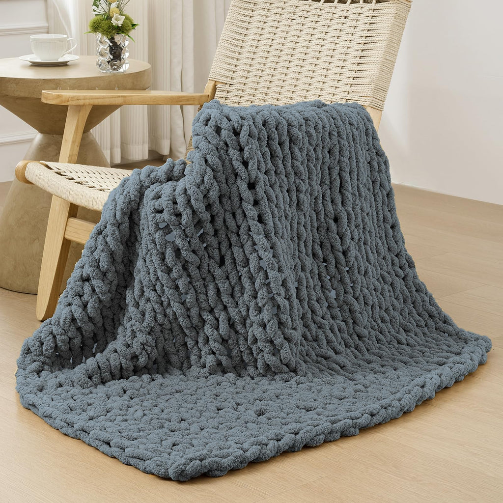 40×60" Beige Hand Knit Jumbo Chenille Chunky Knit Throw Blanket for Sofa & Bed