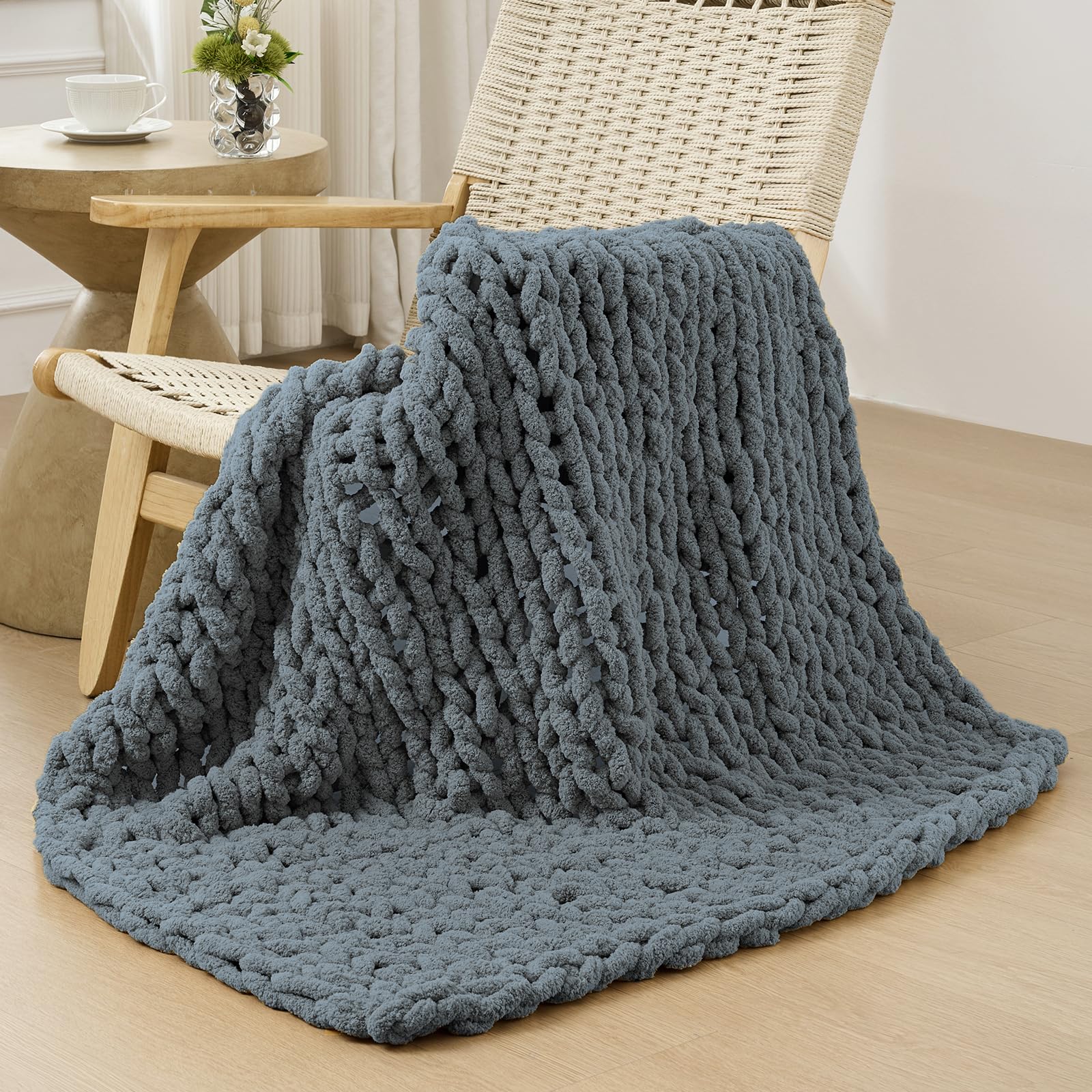 40×60" Beige Hand Knit Jumbo Chenille Chunky Knit Throw Blanket for Sofa & Bed