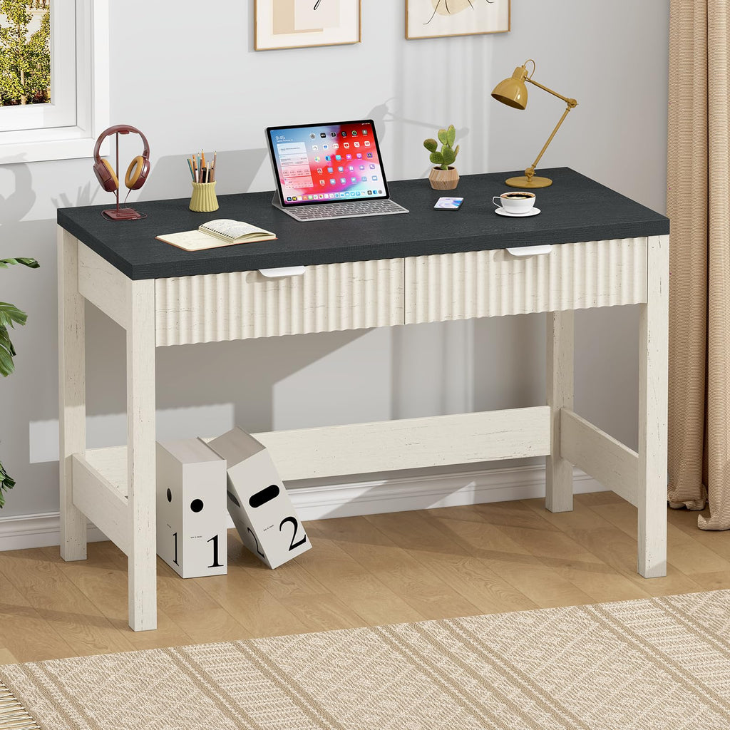 YOMILUVE Fluted Computer Desk with 2 Drawers, 39 Inch Small Computer Desk with Storage, Compact Writing Study Desk for Small Spaces