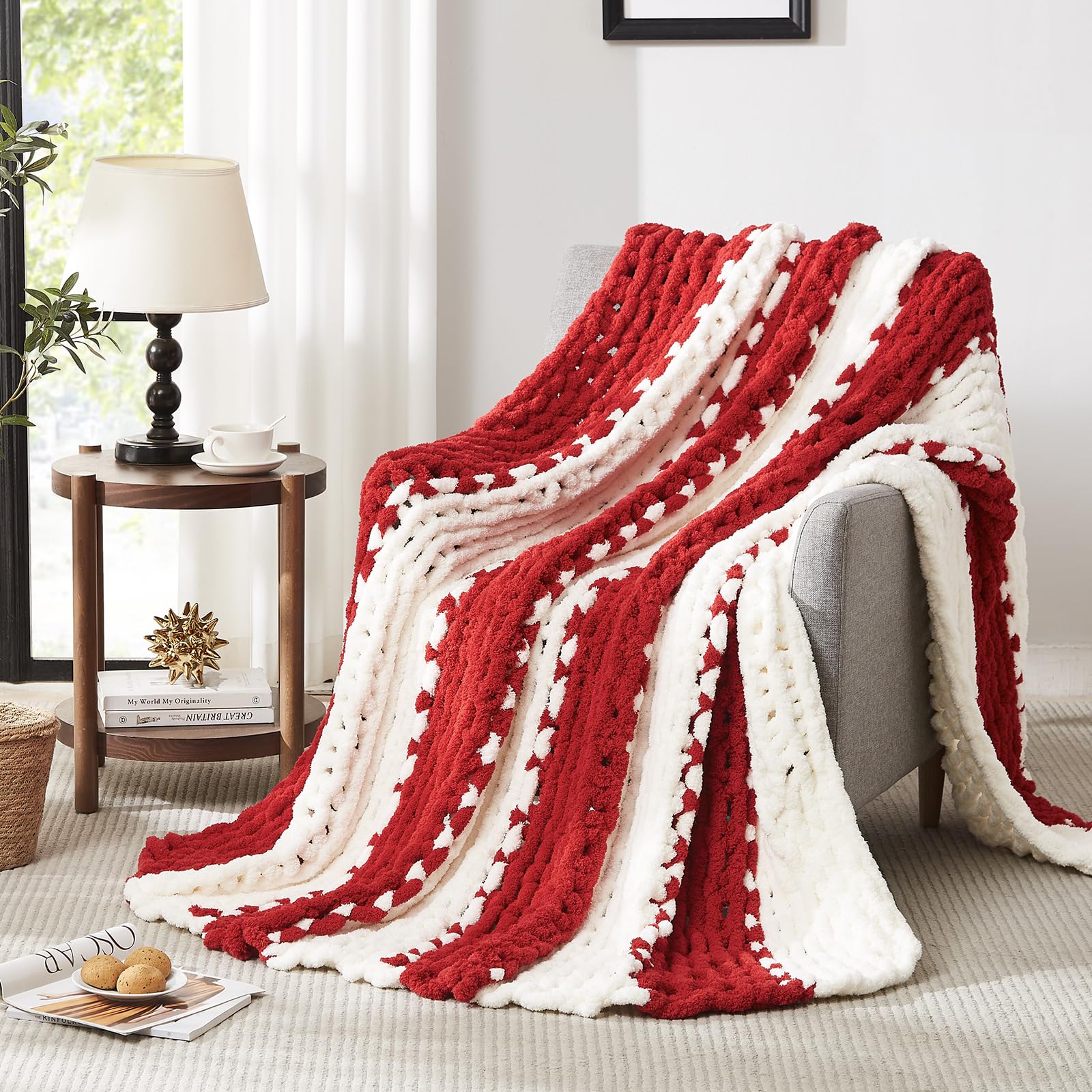 L'AGRATY Chunky Knit Blanket - Soft Chunky Throw 60x80 inches: 100% Hand Kintted Chenile Crochet Throw for Couch - Large Cable Knit Blanket for Home Decor (Ivory)