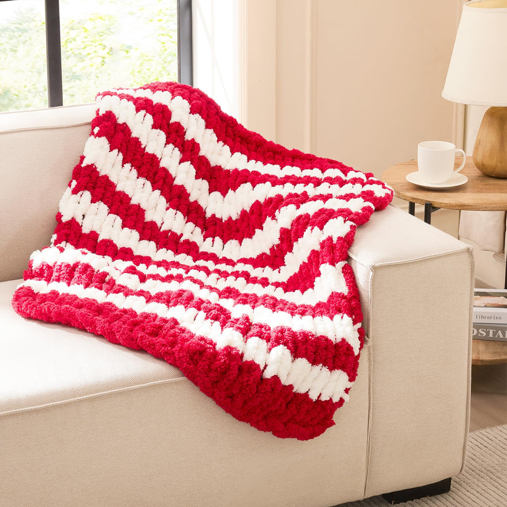 L'AGRATY Chunky Knit Blanket - Soft Chunky Throw 60x80 inches: 100% Hand Kintted Chenile Crochet Throw for Couch - Large Cable Knit Blanket for Home Decor (Ivory)