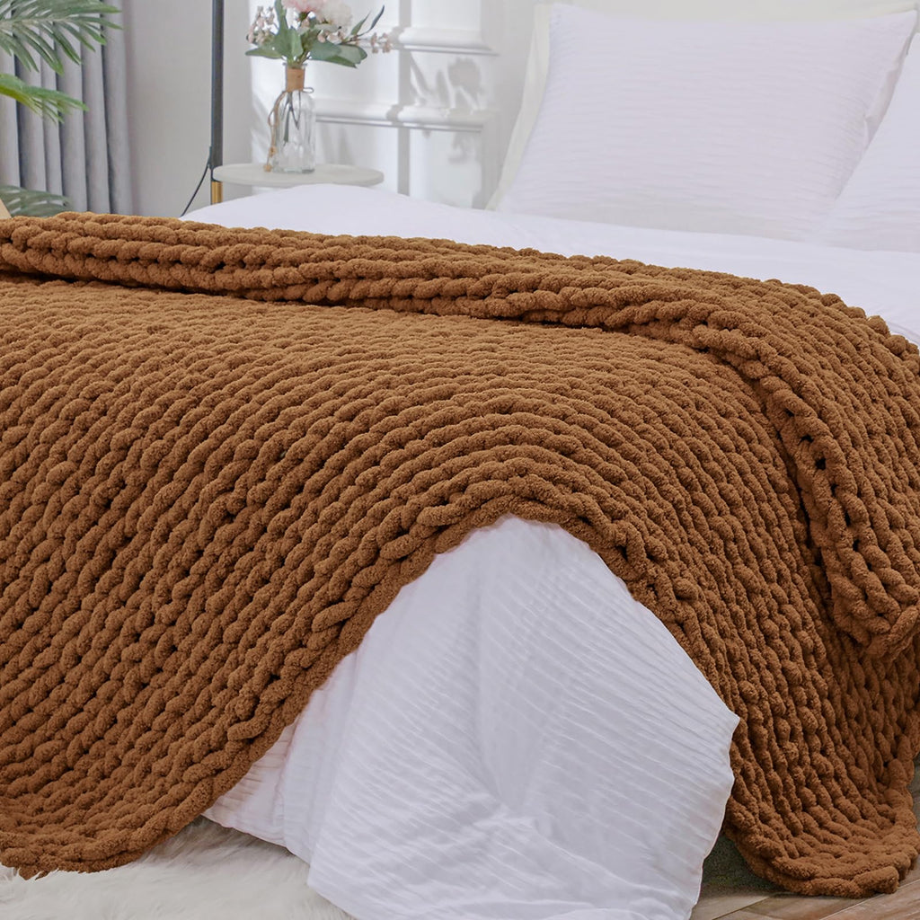 40×60" Beige Hand Knit Jumbo Chenille Chunky Knit Throw Blanket for Sofa & Bed