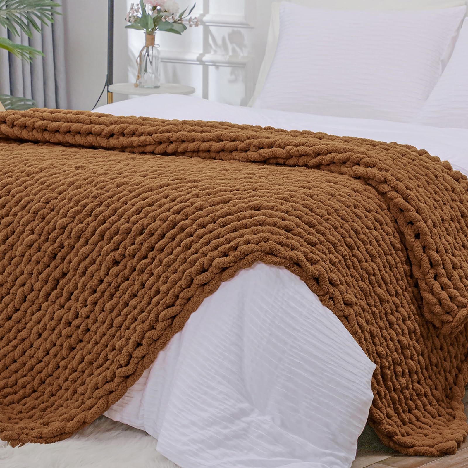 40×60" Beige Hand Knit Jumbo Chenille Chunky Knit Throw Blanket for Sofa & Bed