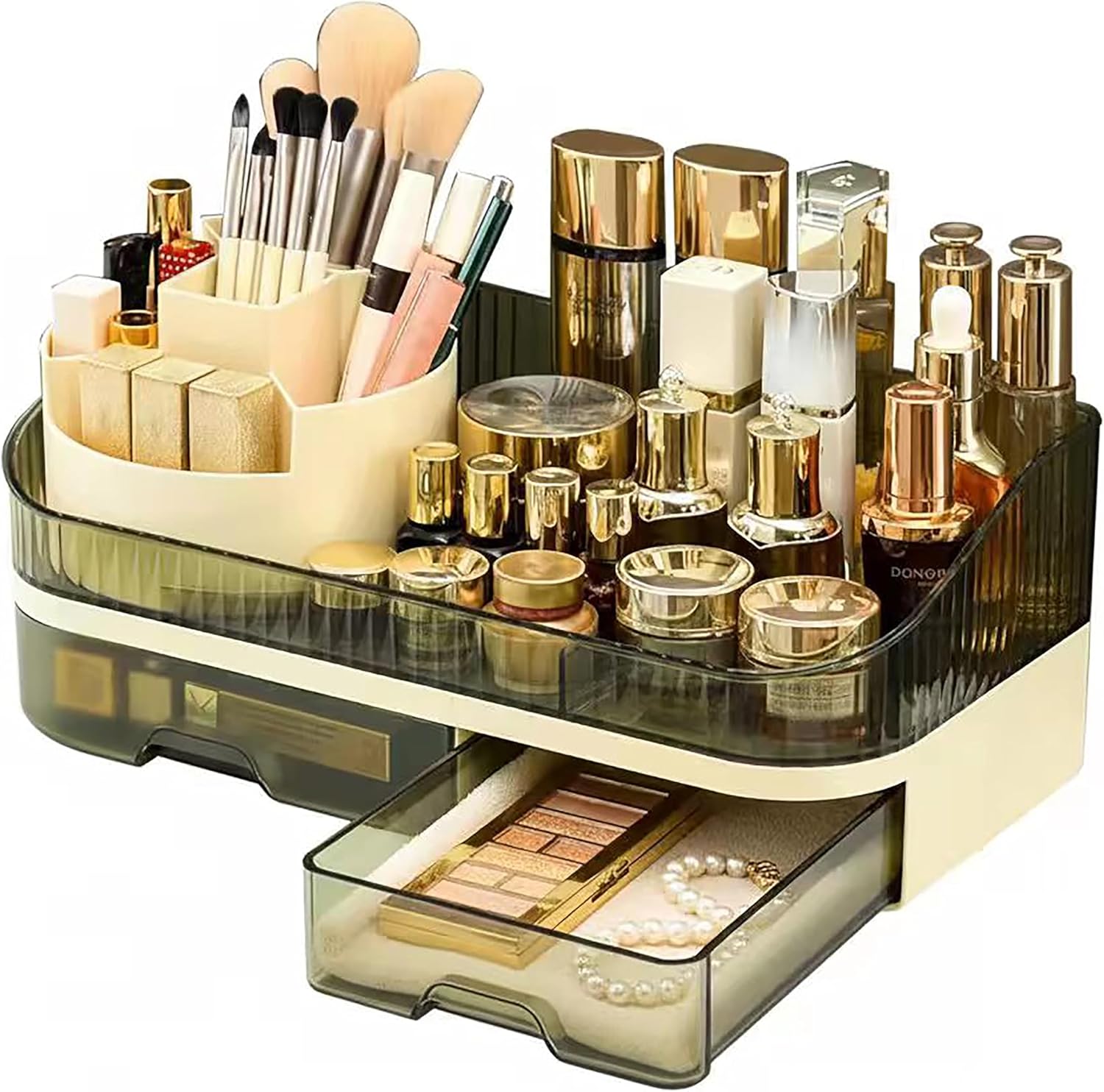 Makeup Organizer Countertop with Dual Drawers, Large Capacity Cosmetic Storage for Vanity Bathroom Skincare, 360° Rotating Makeup Brush Holder