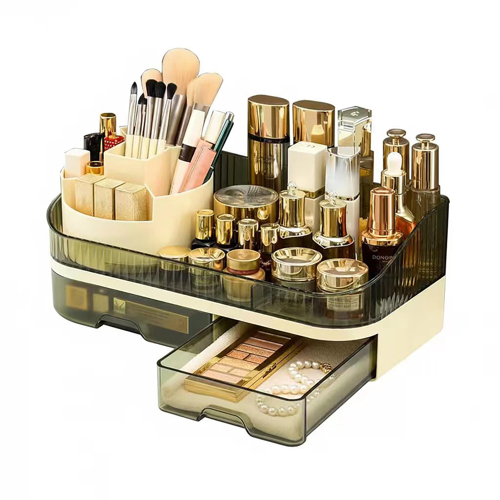 Makeup Organizer Countertop with Dual Drawers, Large Capacity Cosmetic Storage for Vanity Bathroom Skincare, 360° Rotating Makeup Brush Holder