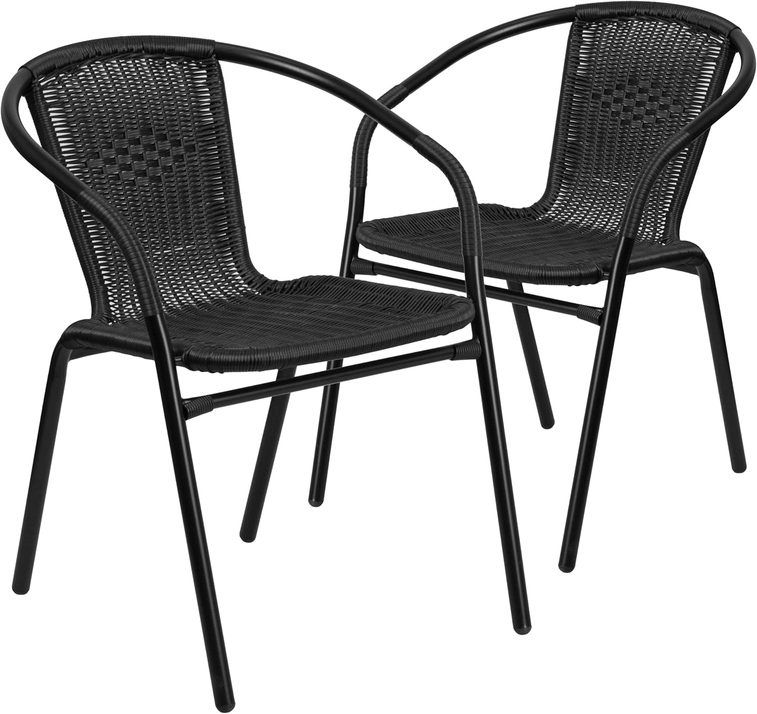 BizChair Set of 2 Commercial Grade Black Rattan Indoor-Outdoor Restaurant Stack Chairs