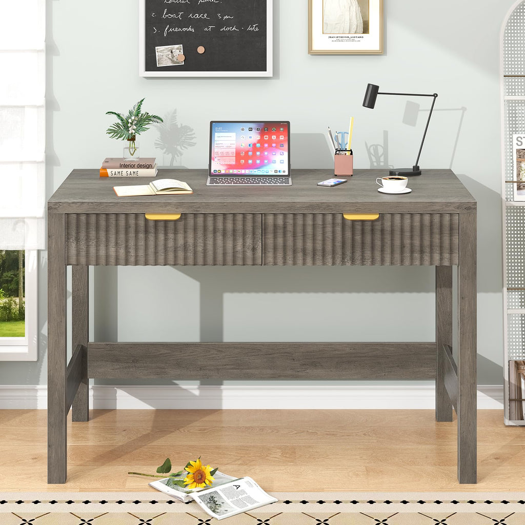 YOMILUVE Fluted Computer Desk with 2 Drawers, 39 Inch Small Computer Desk with Storage, Compact Writing Study Desk for Small Spaces