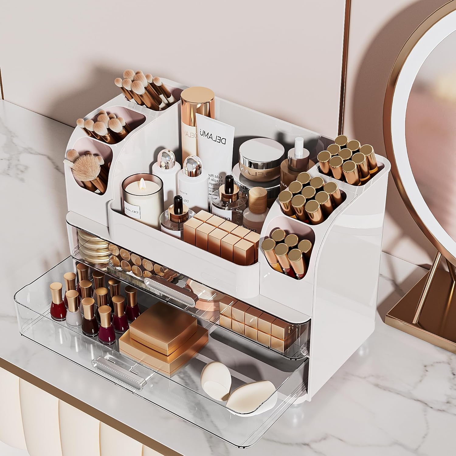 Delamu Large Makeup Organizer Countertop with 6 Brush Holders, Makeup Organizers for Vanity with 2 Large Drawers, Easy to Store Skincare, Lipsticks, Nail Polishes, Perfumes, Eyeshadow Palettes, White