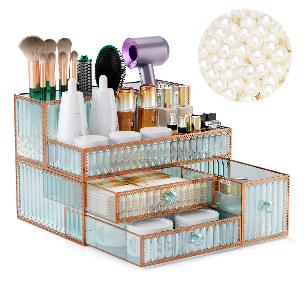 Youdepot Makeup Organizer Blue - Tempered Glass Vanity Organizer for Cosmetics, Skincare, Hair Tools, Brushes, Perfume - Multipurpose Bathroom Counter Skincare Organizer