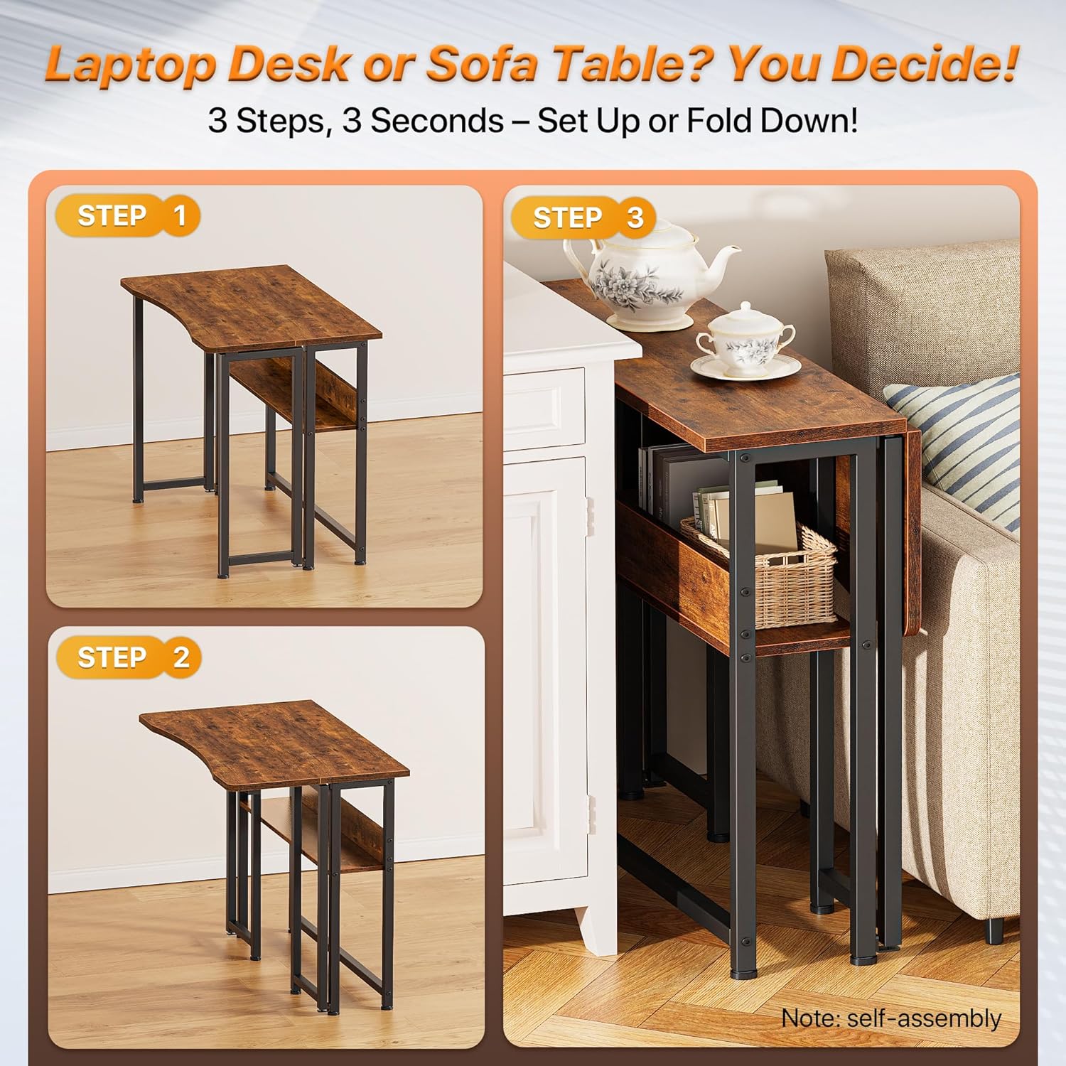 Huuger Folding Desk with Storage Shelf, 31.5 Inch Foldable Computer Table for Small Spaces, Space Saving Sofa Table for Couch, Writing Work Office Computer Desk, Easy to Fold, Rustic Brown