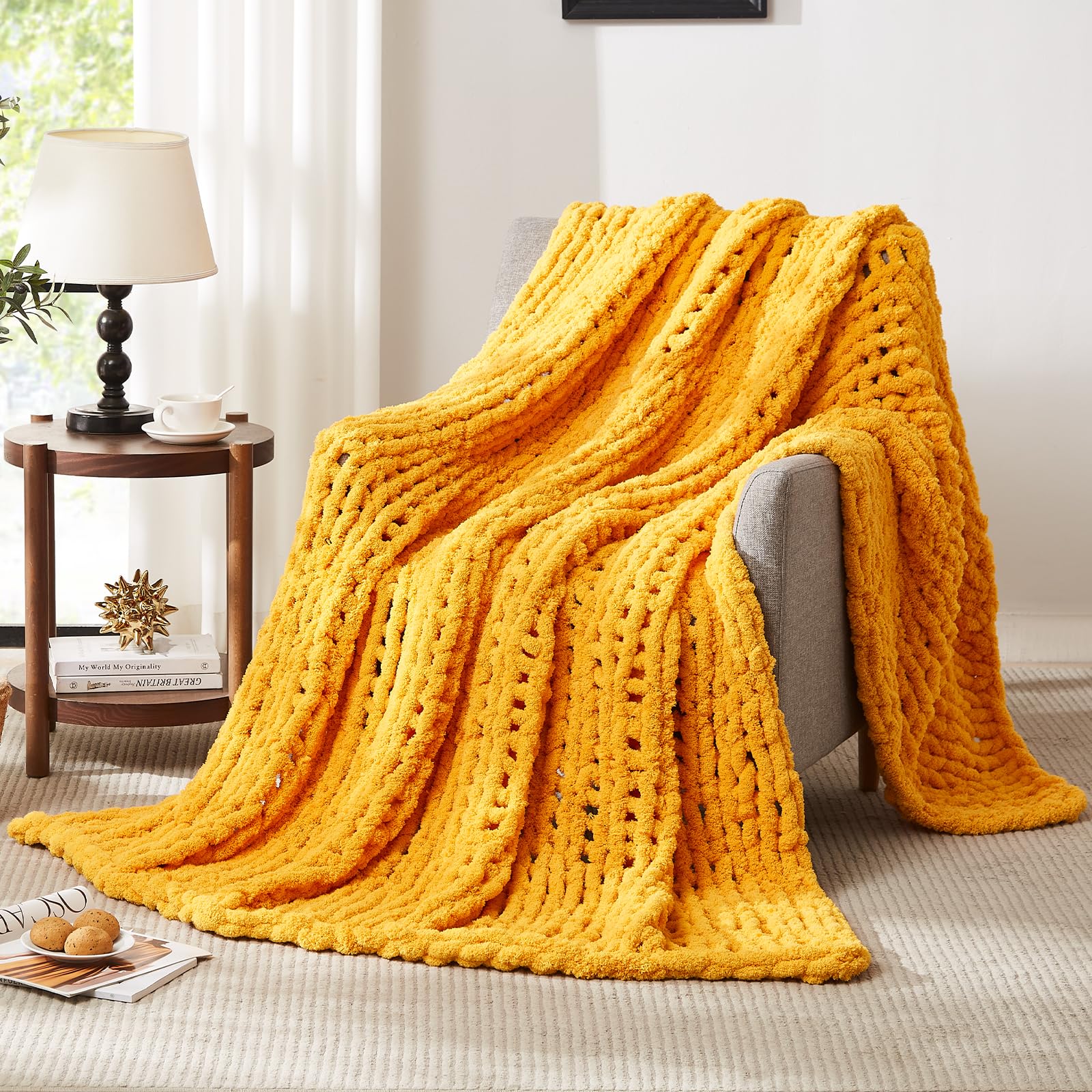 L'AGRATY Chunky Knit Blanket - Soft Chunky Throw 60x80 inches: 100% Hand Kintted Chenile Crochet Throw for Couch - Large Cable Knit Blanket for Home Decor (Ivory)