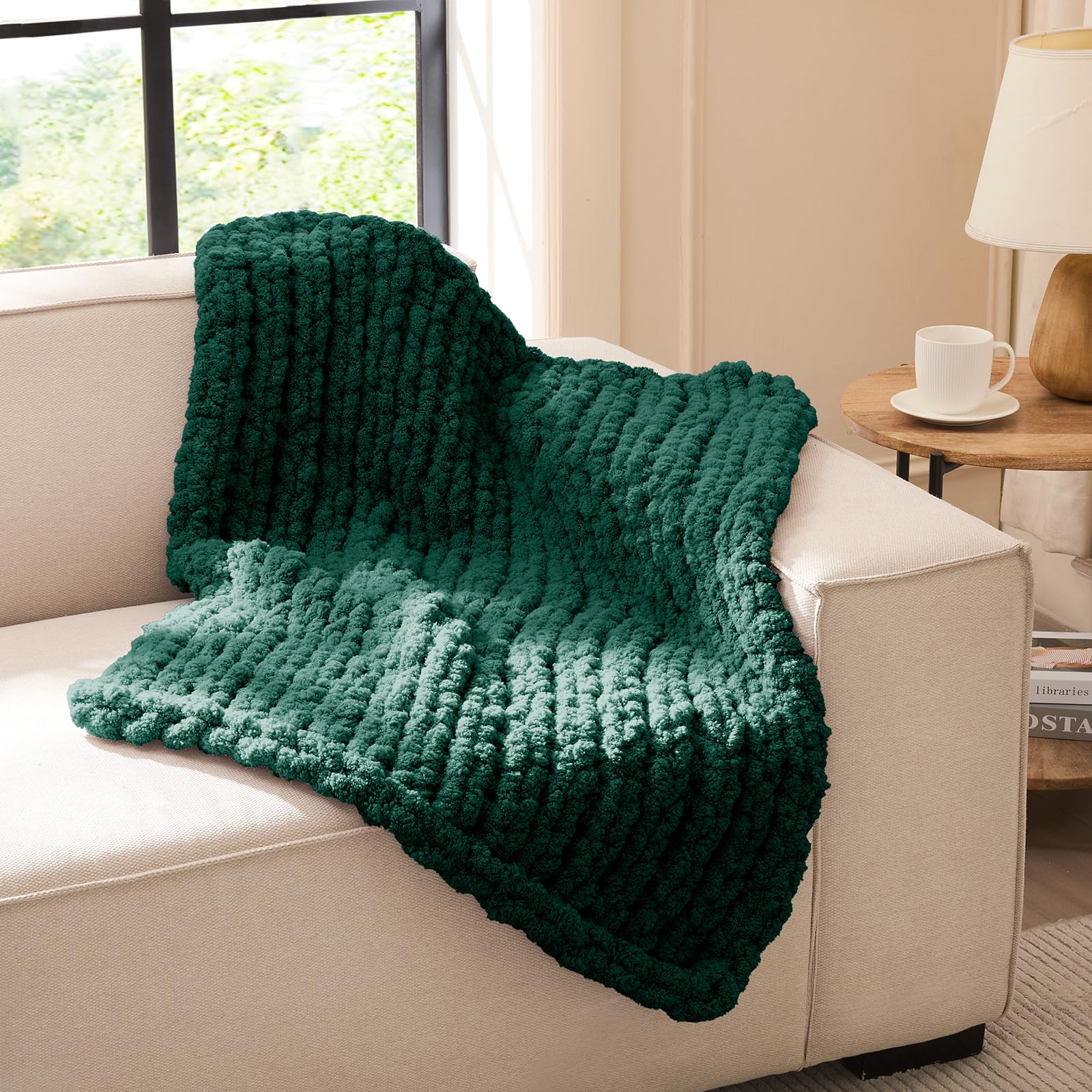 L'AGRATY Chunky Knit Blanket - Soft Chunky Throw 60x80 inches: 100% Hand Kintted Chenile Crochet Throw for Couch - Large Cable Knit Blanket for Home Decor (Ivory)