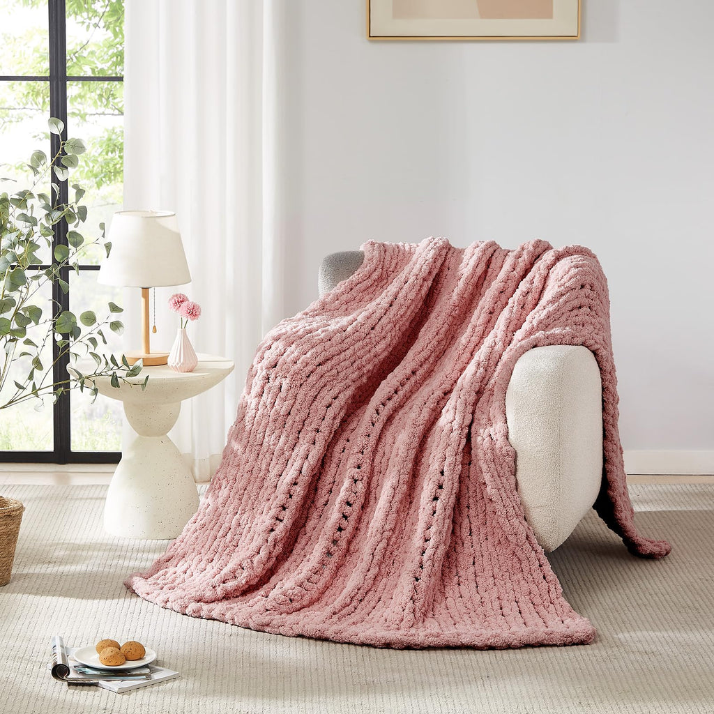 L'AGRATY Chunky Knit Blanket Throw,Soft Chenille Yarn Throw Blanket 50x60，Handmade Cable Knit Crochet Blanket,Large Knit Blankets Chunky Yarn,Rope Knot Throw Blanket for Couch Sofa Bed Home Decor