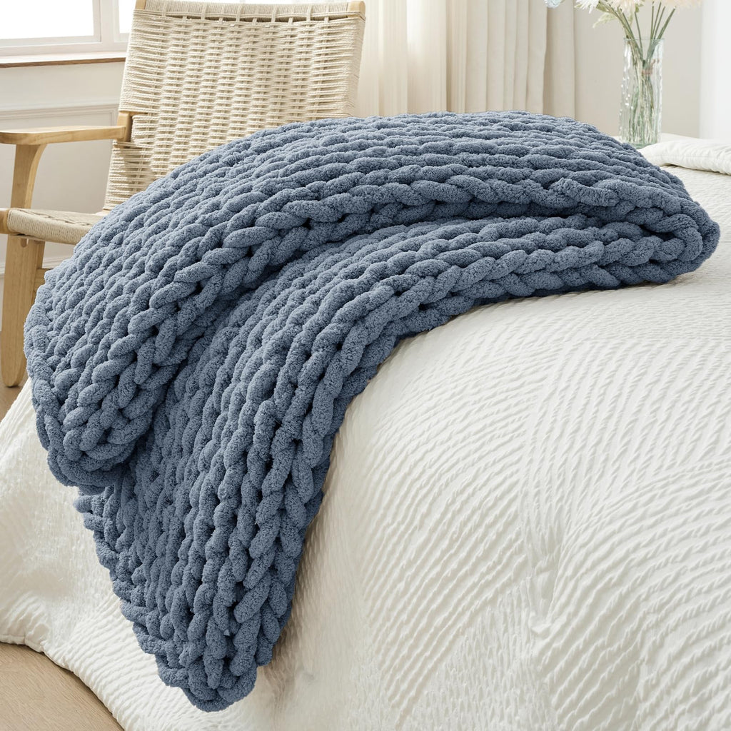 40×60" Beige Hand Knit Jumbo Chenille Chunky Knit Throw Blanket for Sofa & Bed