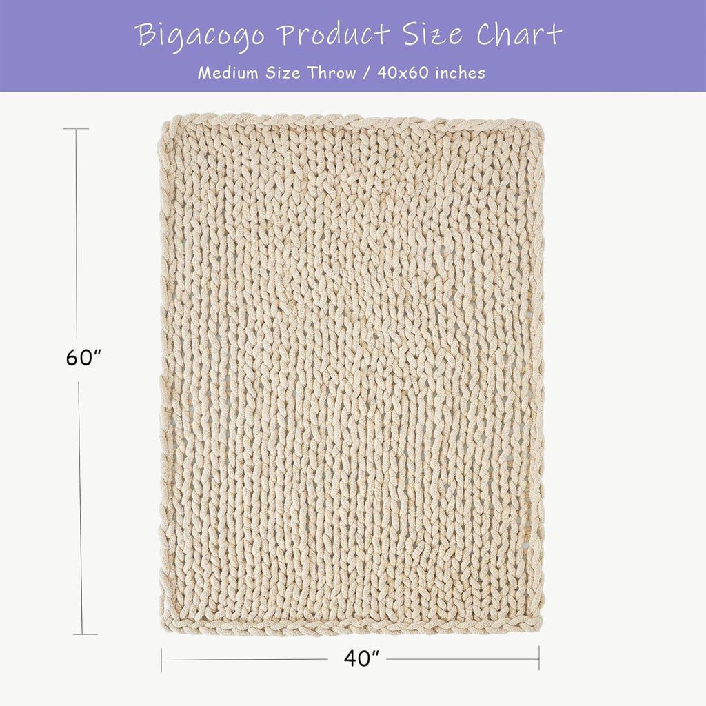 40×60" Beige Hand Knit Jumbo Chenille Chunky Knit Throw Blanket for Sofa & Bed