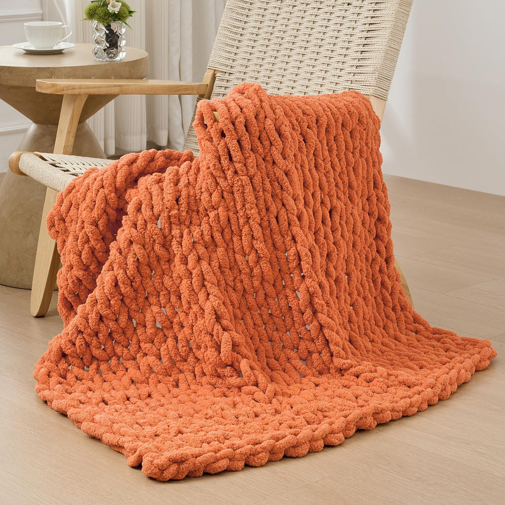 40×60" Beige Hand Knit Jumbo Chenille Chunky Knit Throw Blanket for Sofa & Bed