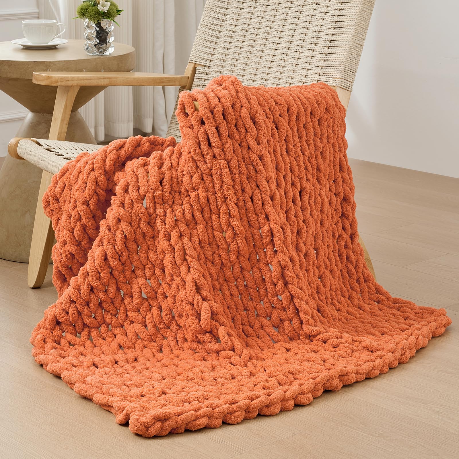 40×60" Beige Hand Knit Jumbo Chenille Chunky Knit Throw Blanket for Sofa & Bed