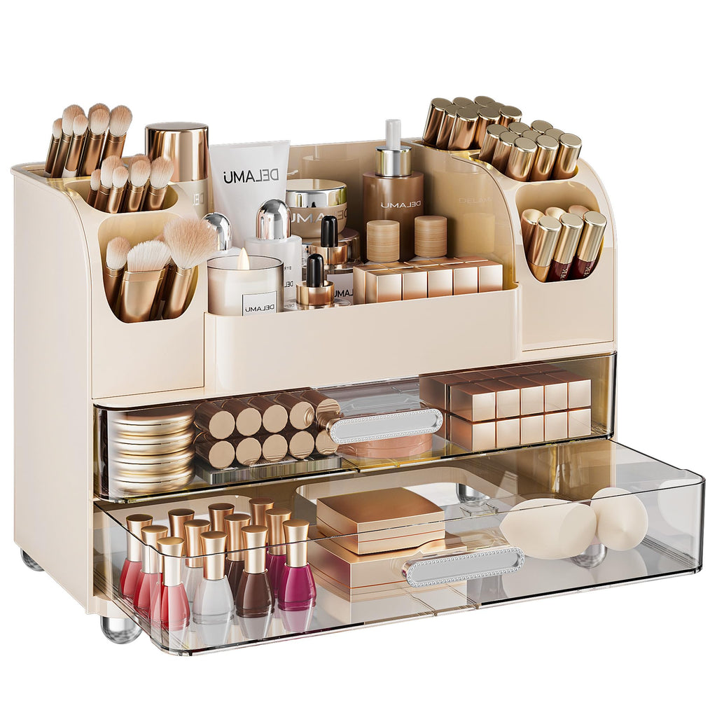 Delamu Large Makeup Organizer Countertop with 6 Brush Holders, Makeup Organizers for Vanity with 2 Large Drawers, Easy to Store Skincare, Lipsticks, Nail Polishes, Perfumes, Eyeshadow Palettes, White