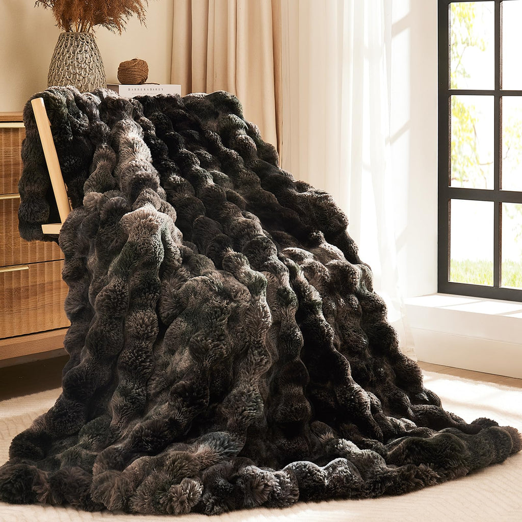 L'AGRATY Faux Rabbit Fur Blanket: 50" x 60" Luxury Soft Fluffy Thick Fur Throw Blanket for Couch Bed Sofa - Cozy Plush Bubble Blankets for Winter: Warm Flannel Fleece Decorative Blanket(Almond White)