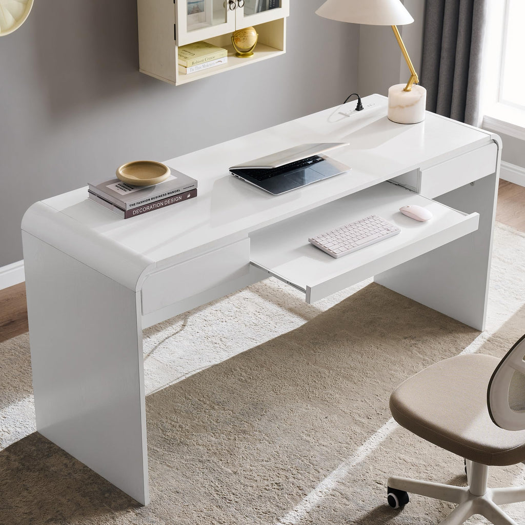 Natural 63" Modern Wood Computer Desk with Drawers, Keyboard Tray & Power Outlet for Home Office