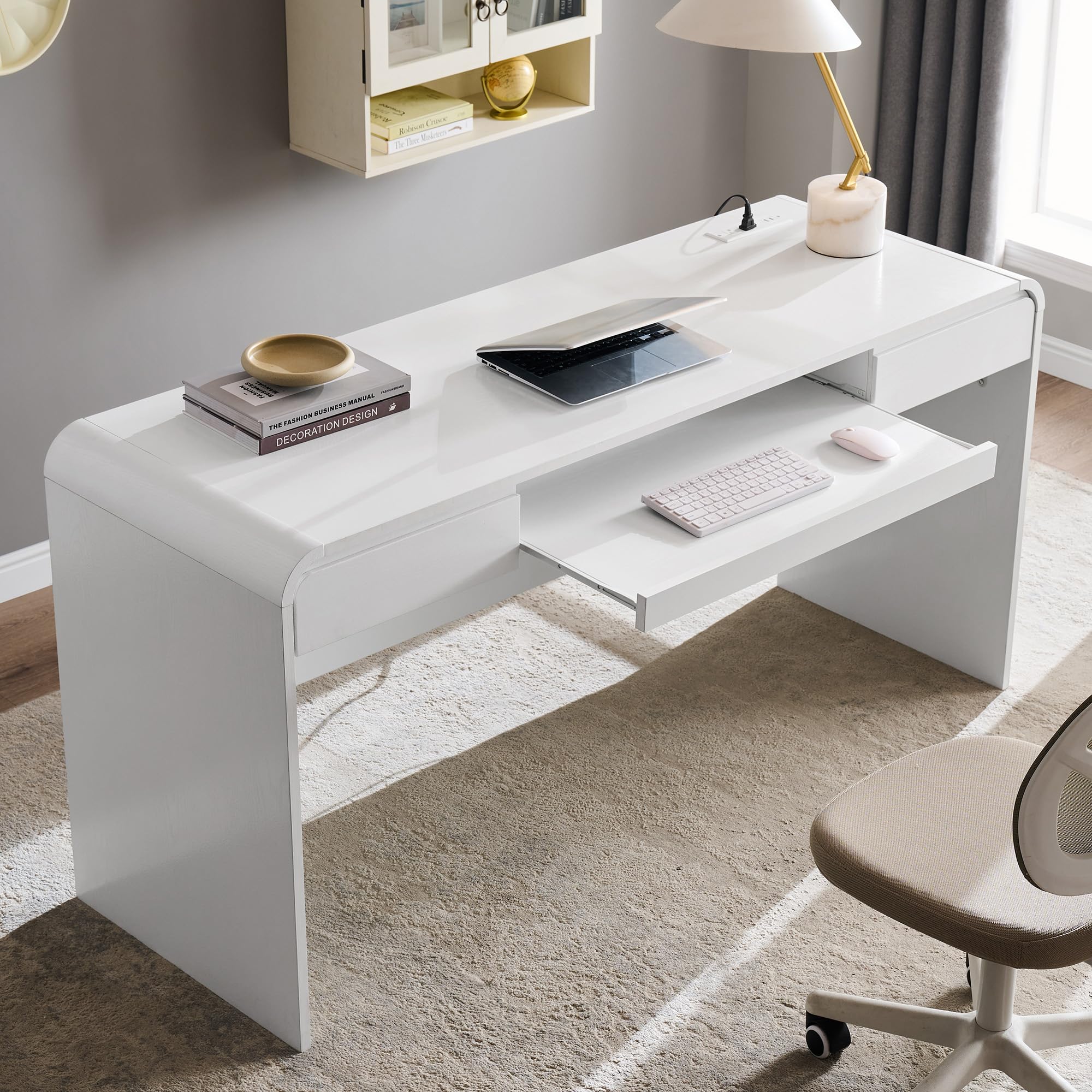 Natural 63" Modern Wood Computer Desk with Drawers, Keyboard Tray & Power Outlet for Home Office