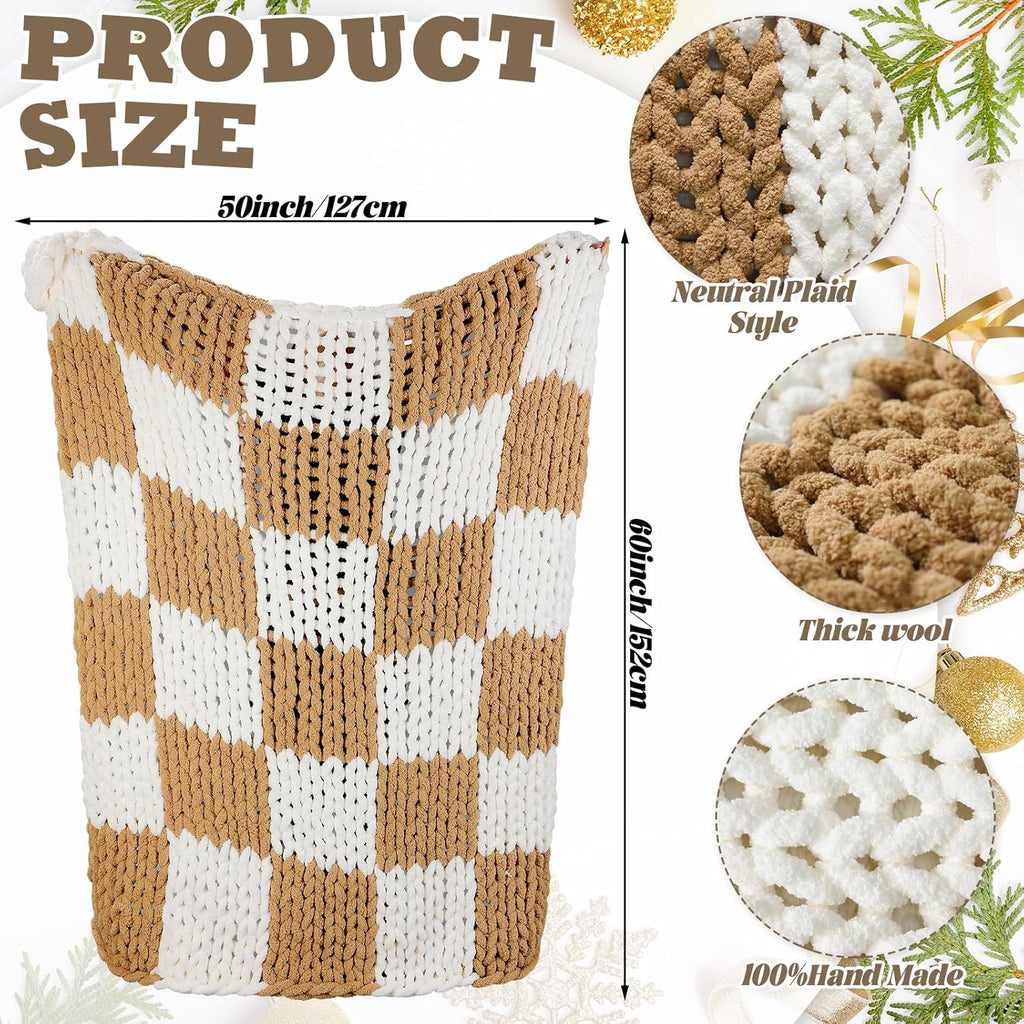 Tudomro Checkered Chunky Knit Throw Blanket for Couch 50 x 60 Inches Neutral Decor 100% Hand Knitted Cozy Soft Large Rope Knot Crochet Blankets for Sofa Living Room(Ivory and Brown)